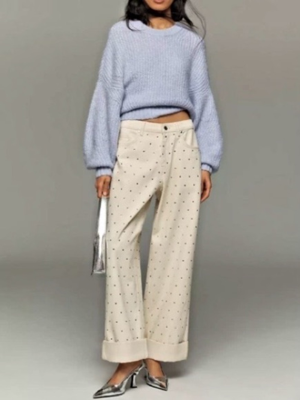 ANTHROPOLOGIE PILCRO Cream Wide-Leg Sparkle Studded Cuffed Jeans 31 100 % Cotton